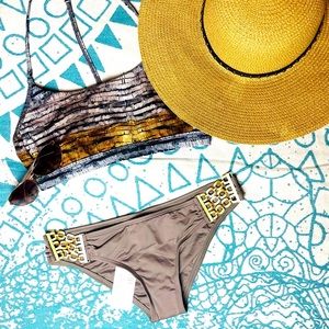 L*SPACE Jet Setter Gold Chain Side Hipster Bikini Bottom in Taupe Size Small